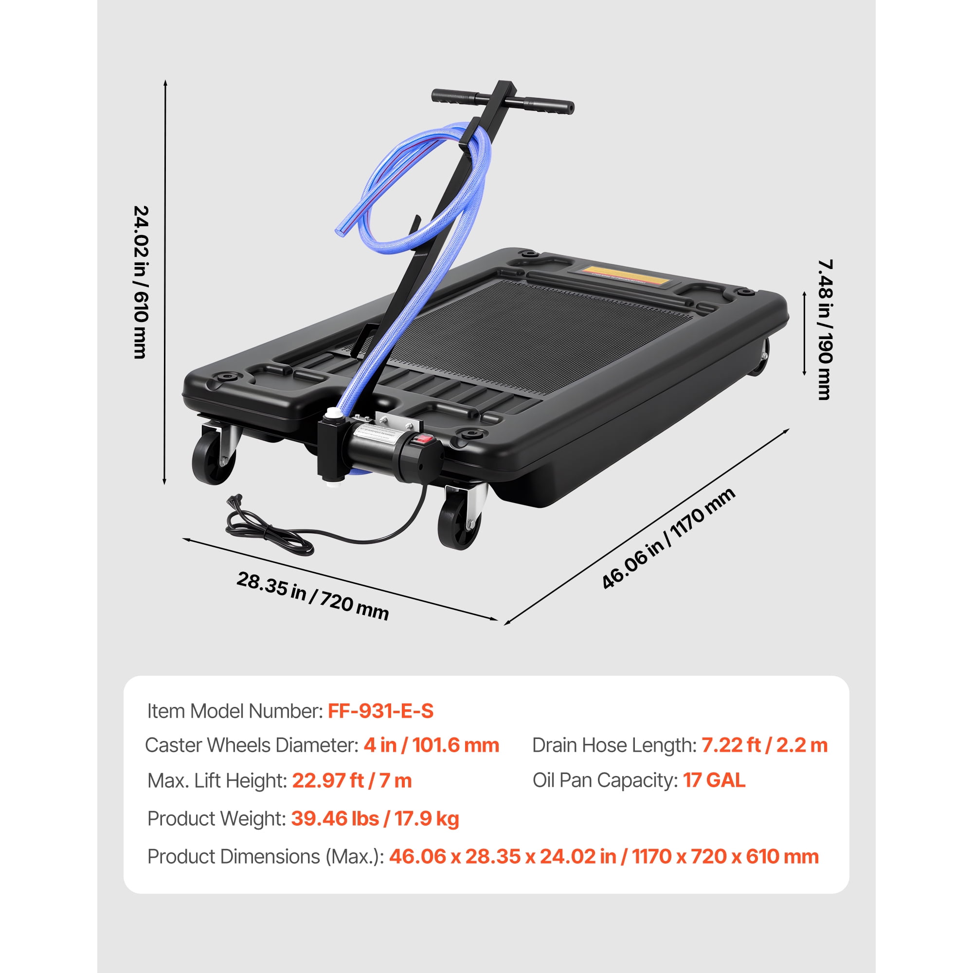 KFFKFF 17-Gallon Low Profile Oil Drain Pan with Electric Pump, Rolling Design, 7.2 ft Hose & T Folding Handle, Durable and Leak-Resistant, Suitable for Cars, SUVs, Trucks, and ATVs, Black