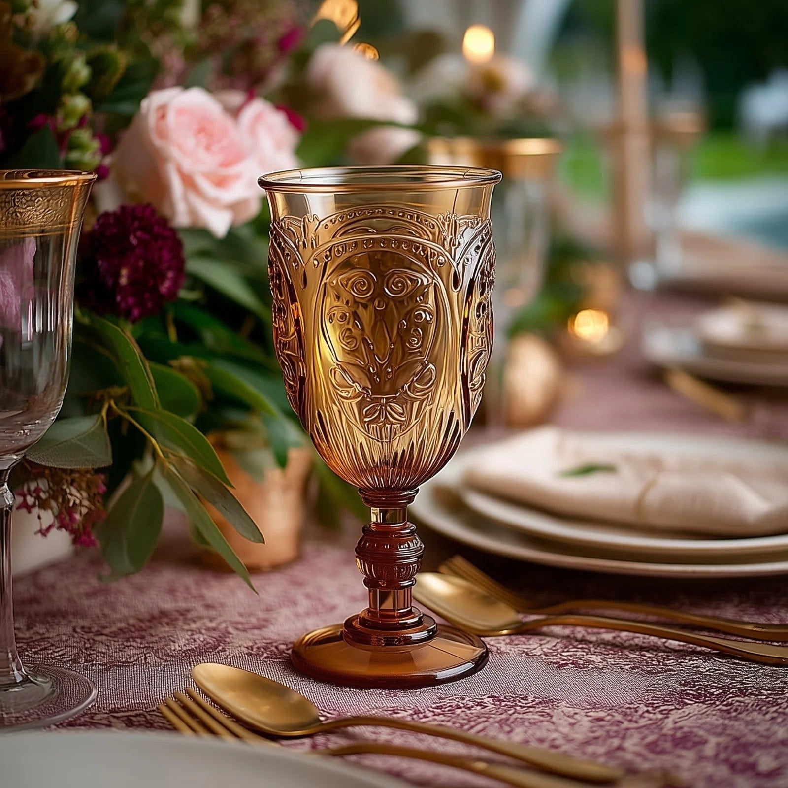 Balsa Circle 24 Amber Gold 10 oz Transparent Plastic Wine Glasses Retro Embossed Style Wedding Party Tableware Decoration Supplies