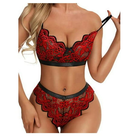 TMOYZQ Underwear for Women Lace Sheer Bodysuit Underwear Chest V-neck See Through Strap Lace Bra and Panty Sets Underwear Underwear Pajamas Sets