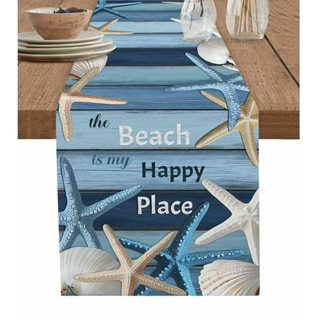

Table Runner 13x36 Inch Shell Starfish The Beach Is My Happy Place Wood Grain Table Runners Dresser Scarves Holiday Kitchen Dining Table Decoration for Home Party Indoor