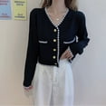 thumbnail image 4 of Camisa de mujer de punto con cuello en V, manga larga, botón superior, frente, camisa de niña, negro seitruly AP001515-02, 4 of 7