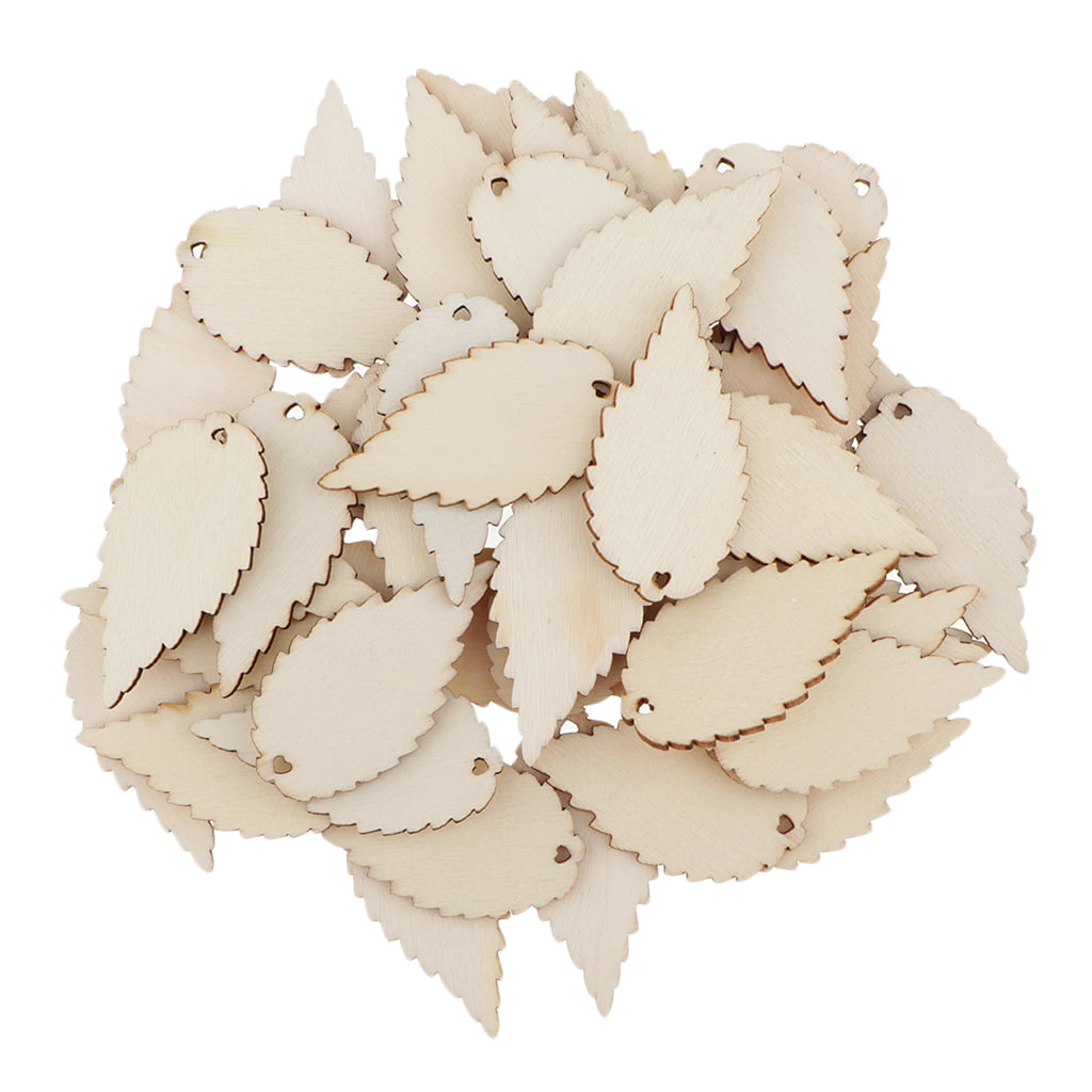 50Pc Natural Wood Wooden Leaves Leaf Cutouts Tags Slices Wedding Party Decor 
