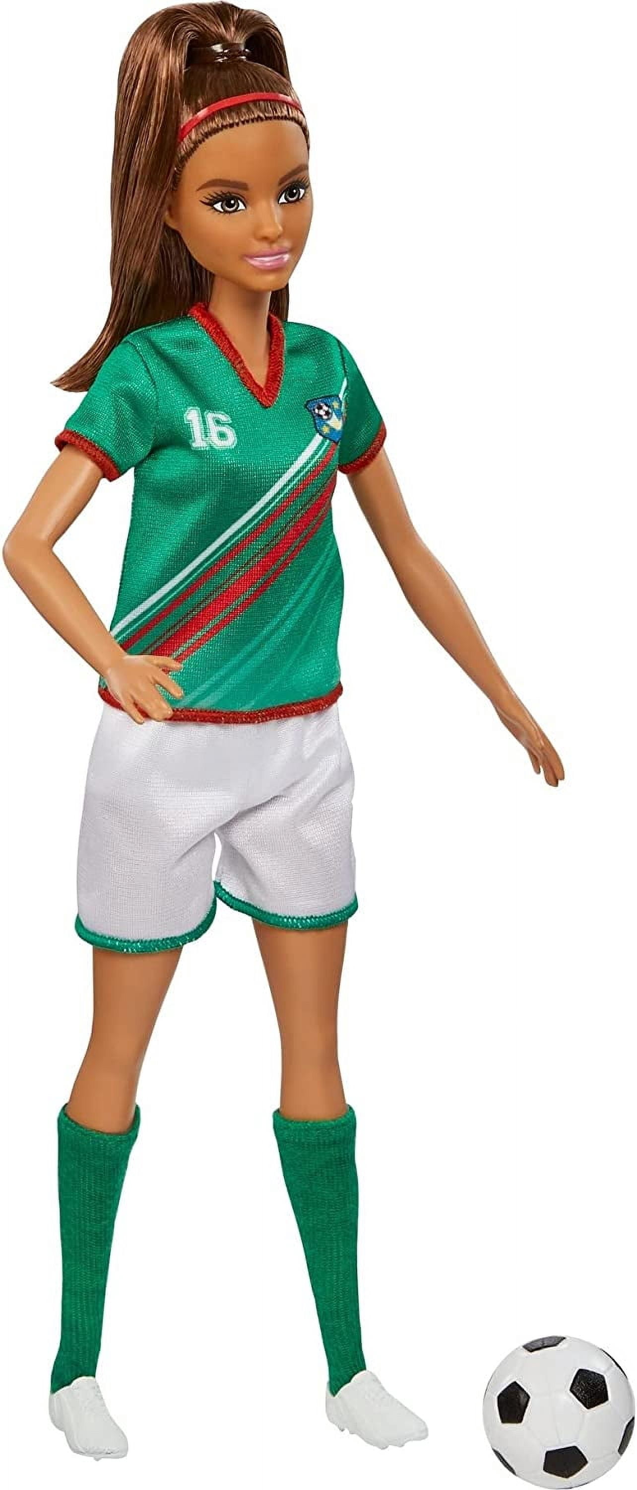 Barbie Careers Fashion Doll & Accessory, Soccer Player with Brunette Ponytail, #16 Uniform, Tall Socks, Cleats & Soccer Ball