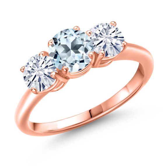 Gem Stone King 18K Rose Gold Plated Silver Sky Blue Topaz and White Moissanite Engagement Ring for Women | 2.00 Cttw | Round 6MM | Gemstone November Birthstone | Size 8
