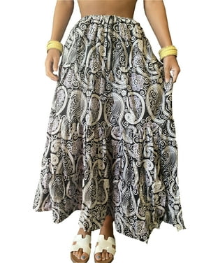 Mogul Women Maxi Skirts, Cotton Bohemian Skirts Boho Black Beige Cotton Tiered Flared Long Skirts ML