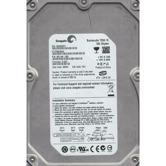 ST3750640AS, 5QD, WU, PN 9BJ148-305, FW 3.AAE, Seagate 750GB SATA 3.5 Hard Drive
