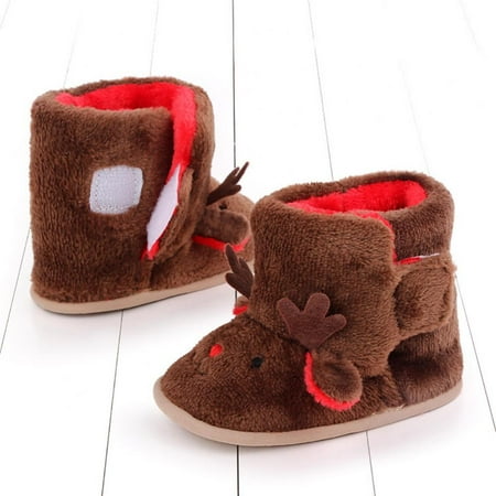 

High Quality! 0-18M Infant Fleece Snow Boots for Baby Boy Girl Christmas Shoes Cute Reindeer Oddler Plush (Brown)
