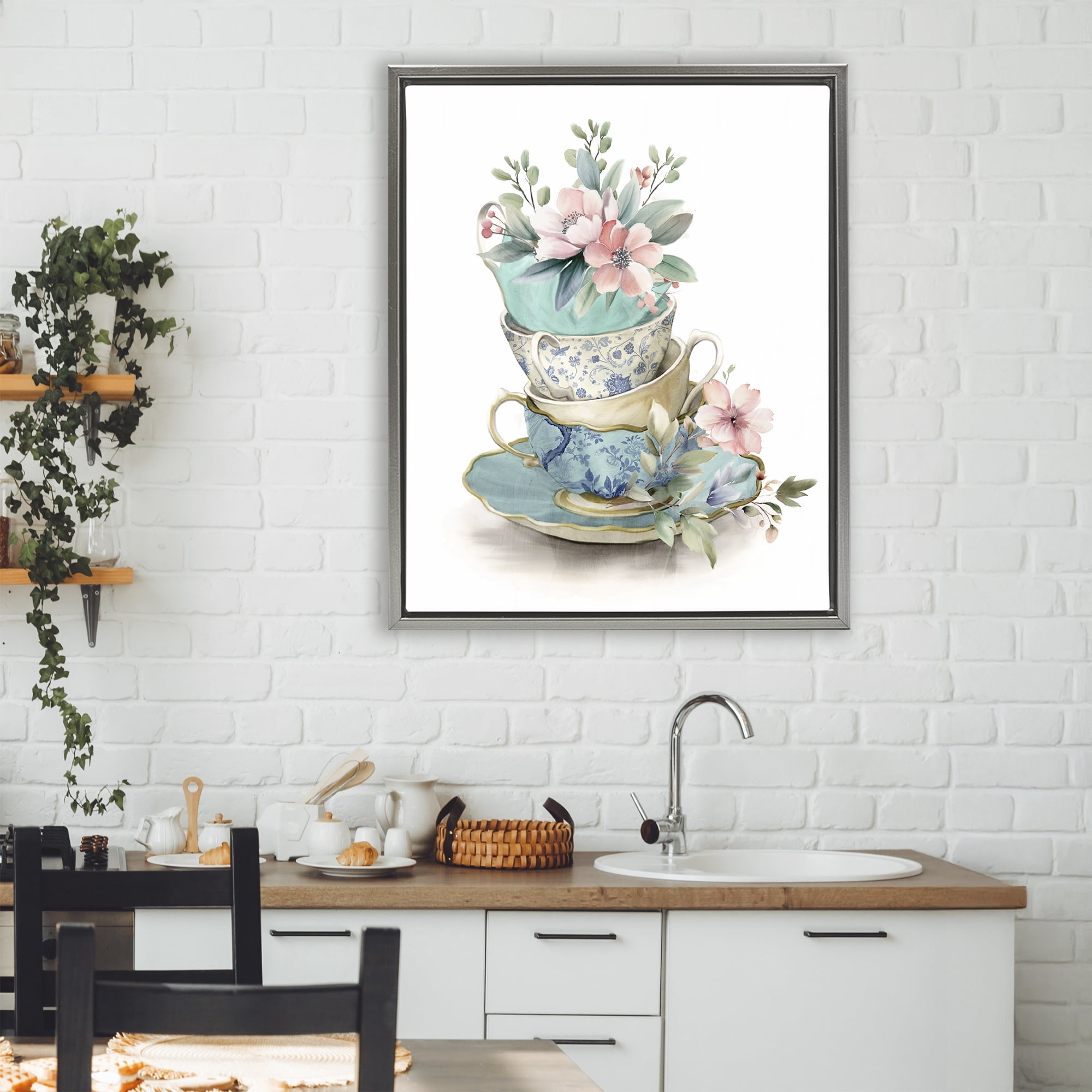 Stupell Industries Tea Cup Chinoiserie Blossoms Gray Framed Floater Canvas Wall Art, design by Kim Allen