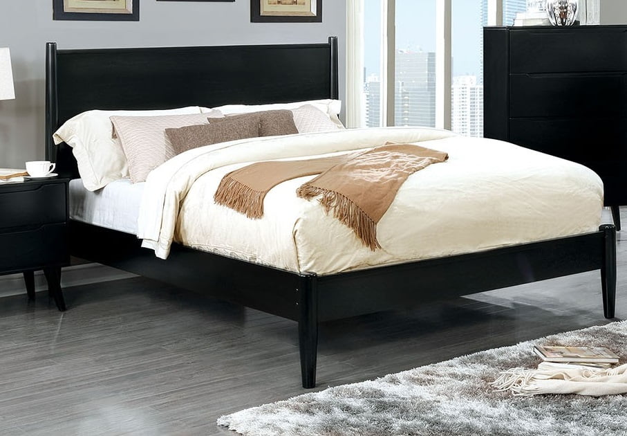 California King Size Bed Modern Mid-Century Black Color Wooden