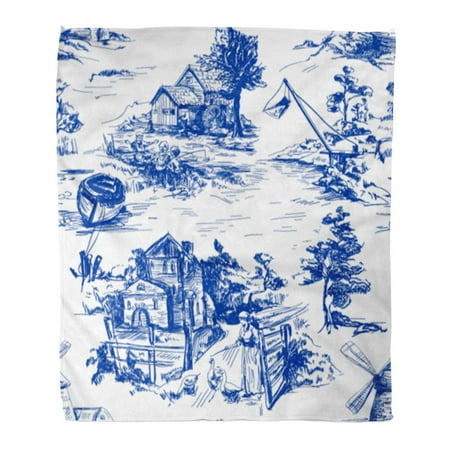 SIDONKU Throw Blanket Warm Cozy Print Flannel Classic Pattern Old Town Village Scenes of Fishing in Toile De Jouy White Comfortable Soft for Bed Sofa and Couch 50x60 Inches