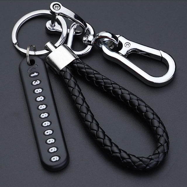 Car Key Keyring Anti-lost Car Phone Number Steel Buckle keyring car Keychain with Braided Rope, Black Rope, Silver Buckle