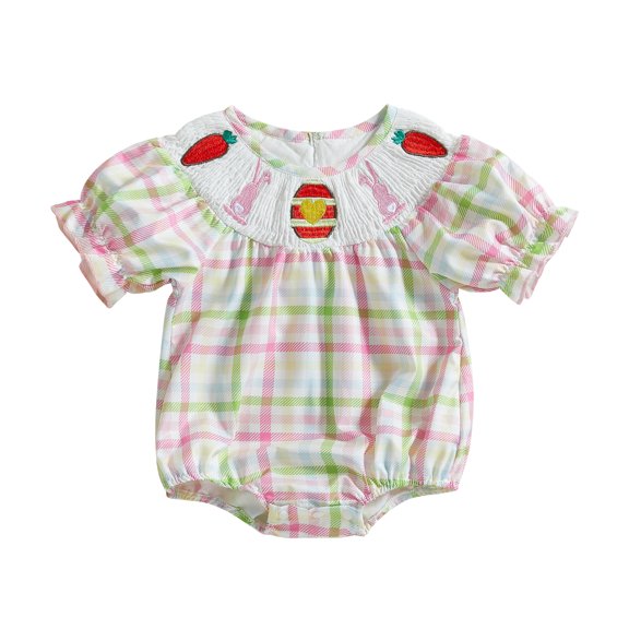 Okbabeha Easter Newborn Infant Baby Girl Bubble Romper Plaid Bunny Embroidery Puff Long Sleeve Clothes