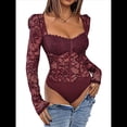 thumbnail image 3 of Body de Larga con Encaje Floral Transparente para Mujer, Top con Escote Corazón Vino Tinto S, 3 of 10