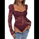thumbnail image 3 of Body de Larga con Encaje Floral Transparente para Mujer, Top con Escote Corazón Vino Tinto M, 3 of 10
