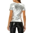 thumbnail image 5 of INSPIRE CHIC Women's Clubwear Short Sleeve Shiny Metallic Top M Silver, 5 of 6