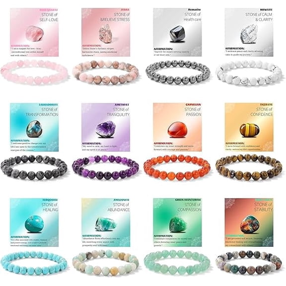 12PCS Natural Crystal Bracelets for Women Men - 8mm Semi-Precious Gemstone Beaded Bracelets, Round Gemstones Stretch Bracelet, Yoga Bracelets Jewelry Gifts