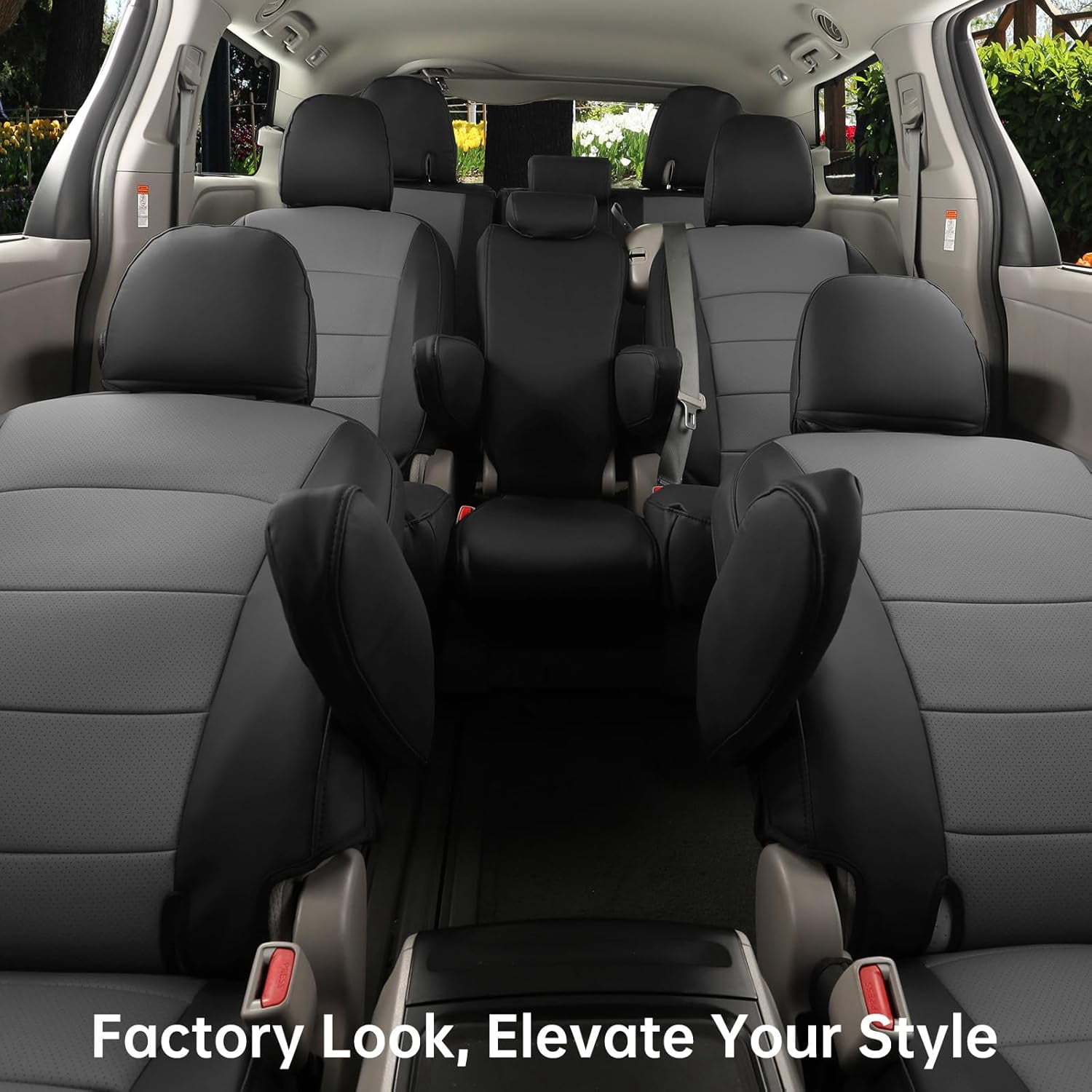 coverdream Sienna Car Seat Covers Custom Fit for 2011-2020 Toyota Sienna SE,LE,XLE,SE/XLE Premium,8-Seater - Leather Auto Seat Covers(Full Set,Black/Gray)