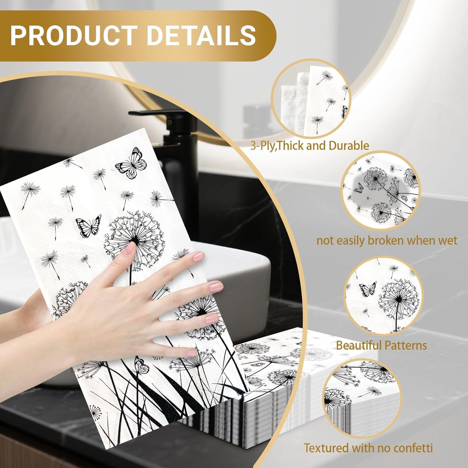 100PCS Dandelion Paper Napkins 3 Ply Disposable Hand Towels for Bathroom Dandelion and Butterfly Pattern Guest Napkins Dinner Napkins for Wedding Party Supplies Kitchen Bathroom Table Decor