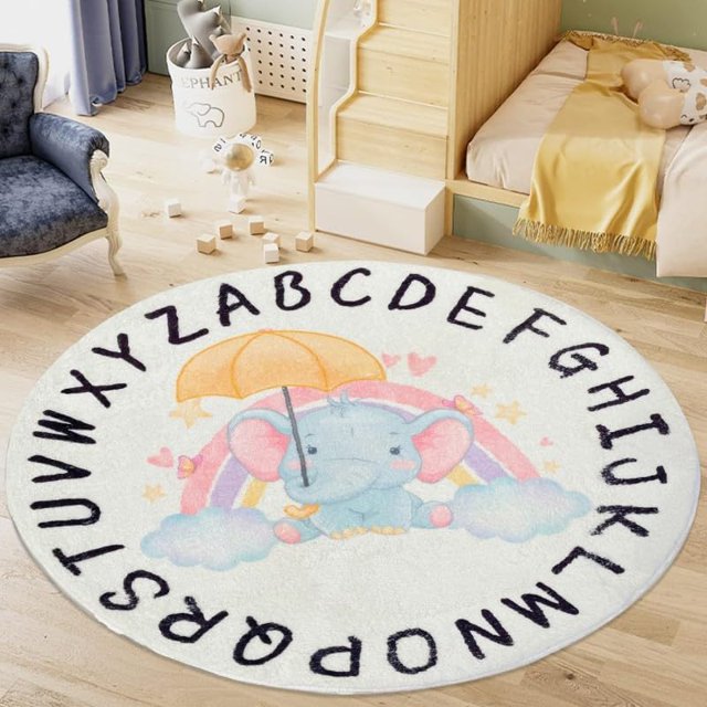 TEMBR Round Kids Playroom Rug-Alphabet Nursery Rug for Bedroom - Playtime Collection, Learning & Game Carpet for Classroom, Best Shower Gift for Infant Toddlers (Round 39.4", ABC Elephant)