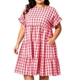 thumbnail image 2 of Guieoi Plus-Size Womens Dresses Plus Size Summer Checkered Pleated Short-Sleeve Round-Neck Casual A-Line Dress with Pockets Red L, 2 of 9