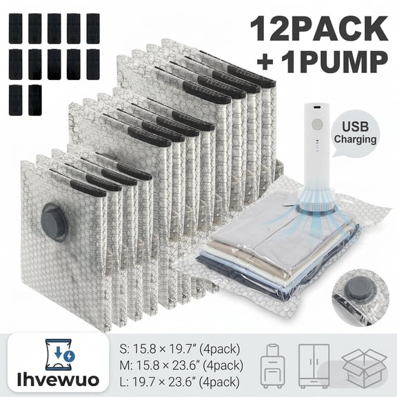 Travel Vacuum Bags with Electric Pump, 12 Pack Space Saver Bags for Luggage, Portable Compression Storage for Suitcase and Carry-On
