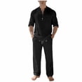 thumbnail image 2 of LEKWK Men Linen Sets Outfits 2 Piece Long Sleeve V Neck Casual Tops and Drawstring Elastic Waist Wide Leg Pants Summer Casual Beach Vacation Resort Outfits, 2 of 9