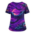 thumbnail image 3 of WTOBBY Women's Fashion V-Neck Short Sleeve Workwear with Pockets and Side Slits, Halloween Printed Tops Featuring Bat and Pumpkin Graphics for Caregiver Uniforms, Perfect for Nursing,Purple 2XL, 3 of 4