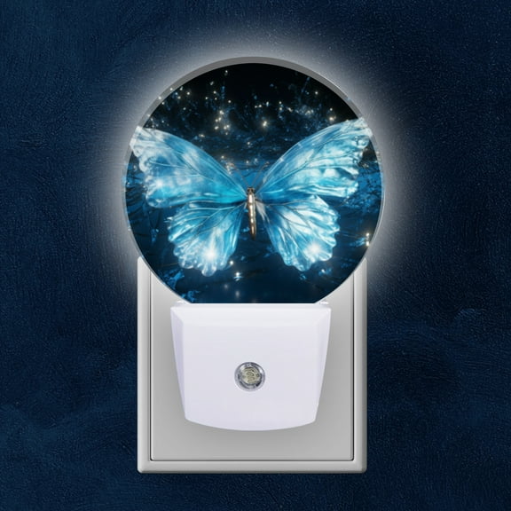 Night Light Plug into Wall,Dusk to Dawn Sensor Auto-On/Off for Bathroom, Hallway,Kids Room-Giant Blue Glass Butterfly Flying In The Night Sky