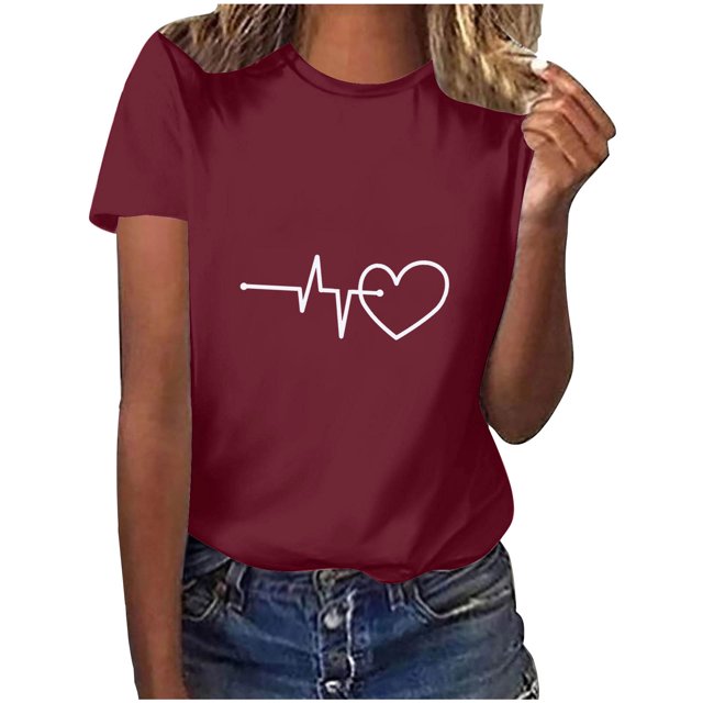Diufon Hauts de la Saint-Valentin pour Femmes, Tunique Décontractée à Manches Courtes, Chandail à Col Rond, Blouse Tendance Mignonne à Imprimé Graphique