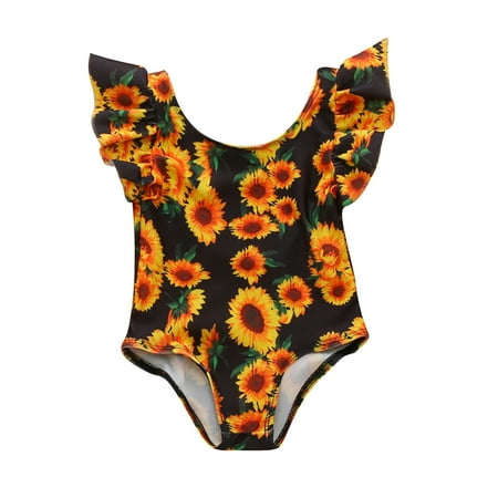 

Toddler Baby Kids Girls Summer Sunflowers Printed Ruched Swimwear Holiday Swimsuit Cute Fashion Clothes