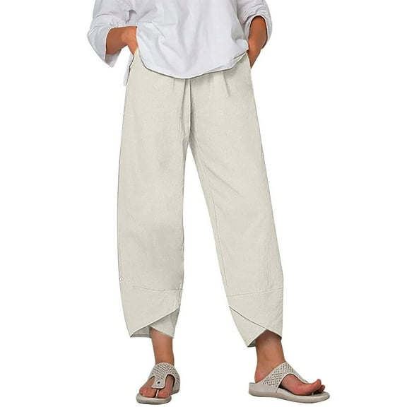 Hvyesh Womens Linen Pants Plus Size Summer Casual Capri Pants High Waisted Palazzo Cropped Comfy Baggy Trousers with Pockets
