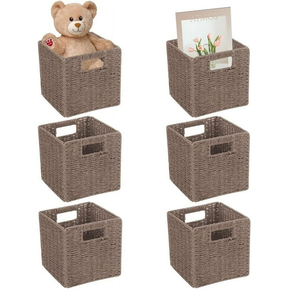6 Pack 8.7 Inch Wicker Baskets, Hand Woven Paper Rope Storage Baskets, Foldable Cube Storage Bins Organizer Square Wicker Cubes for Shelves Pantry Organizing & Decor (Brown)