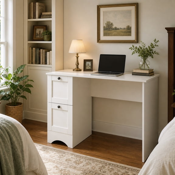 43" Computer Desk with Power Outlets & 2 Drawers, Writing Studying Working Desk for Home Office, White