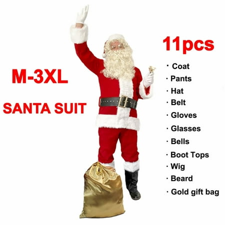 Complete Deluxe Santa Costume for Men Santa Claus Suit 11pcs -M