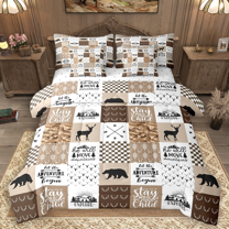 Manfei Wild Moose Deer Bedding Comforter Set 7 Pieces, Rustic Lodge Cabin Farmhouse Queen Bedding Sets, Gray Brown White Plaid Checkered Queen Sheet Sets, Microfiber Bedroom Decor