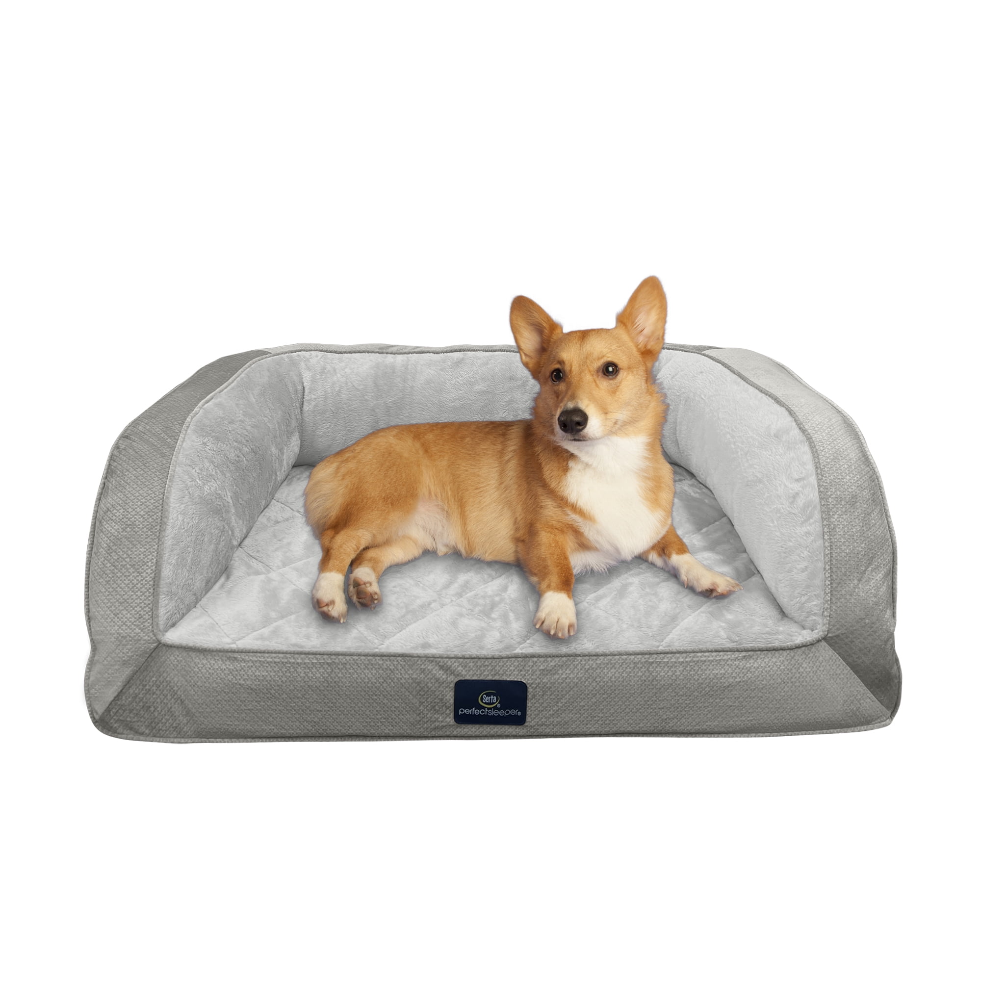 Serta Quilted Orthopedic Bolster Couch Cat & Dog Bed, Gray, Large