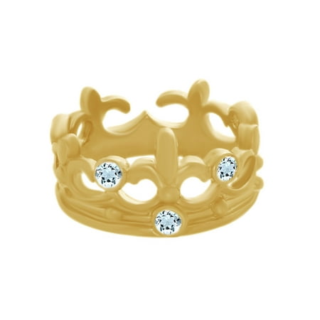 Round Cut Simulated Blue Aquamarine CZ Crown Ring in 14K Yellow Gold Over Sterling Silver By Jewel Zone US