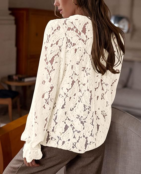 PRETTYGARDEN Women's Lace Blouse, Long Sleeve, Beige photo 2