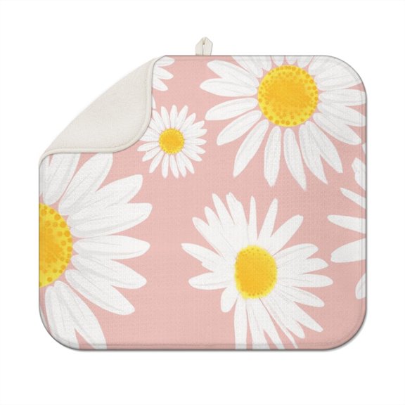Daisy Flower Dish Drying Mat for Kitchen Microfiber Drainer Pad Foldable Absorbent Dish Rack Mat Spring Summer Decor 16x18 Inch