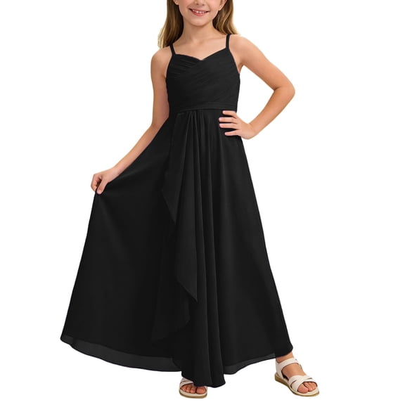 Girls Dresses A Line Junior Bridesmaid Flowy Chiffon Maxi Wedding Party Pant Gown Black Dress Size 2-3 Y