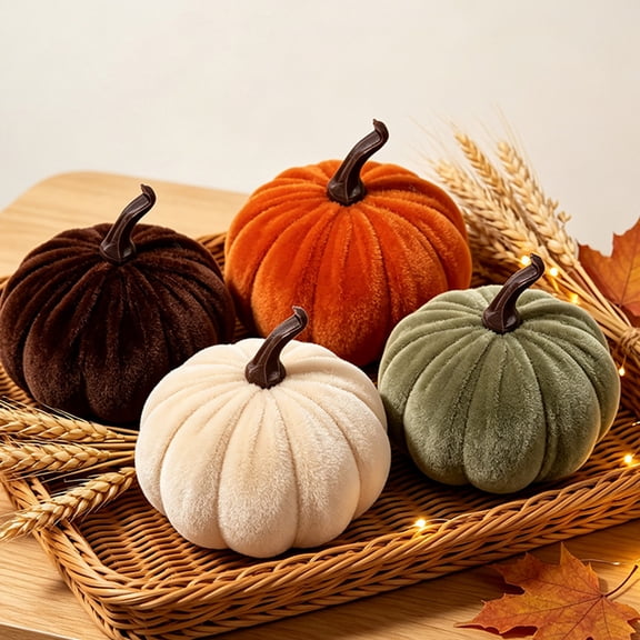 Velvet Pumpkin Ornaments, Mini Fake Fabric Pumpkins for Fall Farmhouse Harvest Halloween Thanksgiving Tabletop Home Kitchen Decor (Orange)