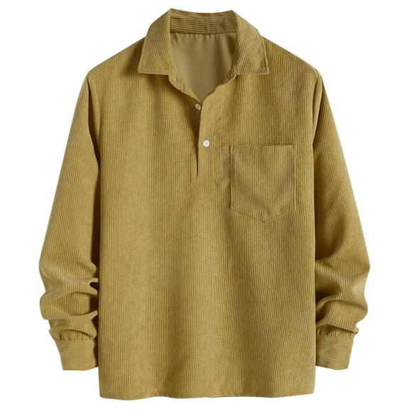BRGZLK Corduroy Shirt for Men Casual Cozy Long Sleeve Polo Shirt Solid Color Turn Down Collar Half Button Up Top Yellow M