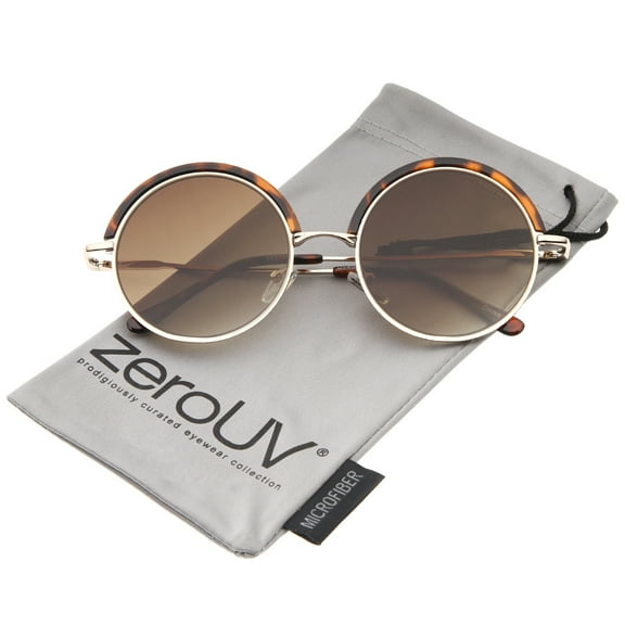 zeroUV Unisex Retro Metal Frame Thin Temple Top Trim Flat Lens Round Sunglasses (Tortoise-Gold / Amber) - 51mm