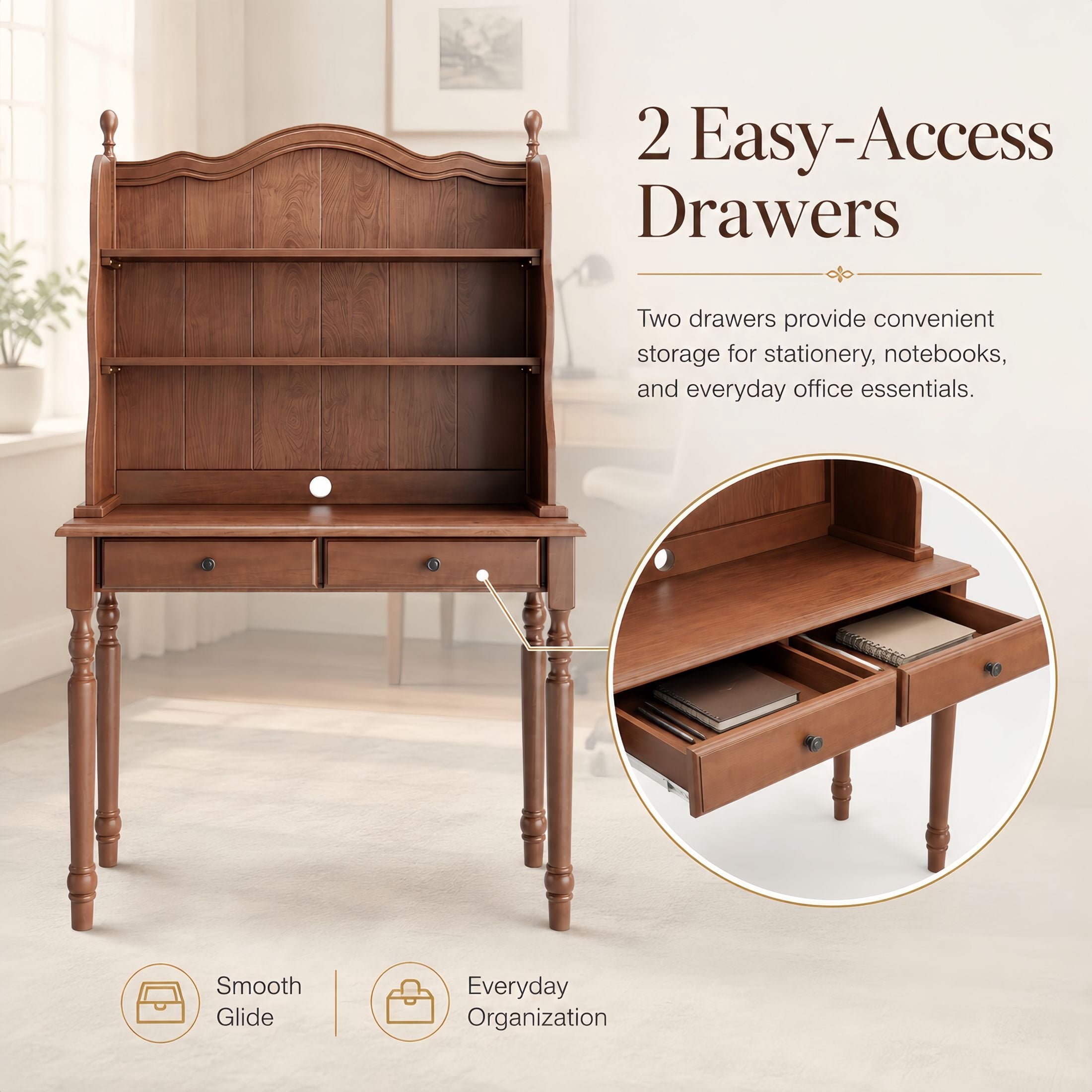 GDF Studio Harper Mid-Century Computer Desk with Storage Hutch & Drawers, Vintage Vanity Desk for Home Office, Walnut