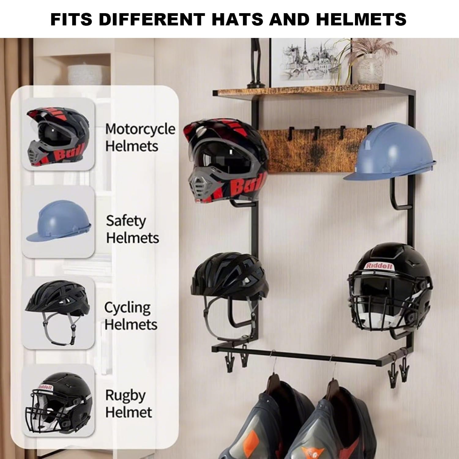 Motorcycle Helmet Holder Wall Mount with 4 Hat Stands - Rustic Wood & Iron Gear Storage Rack for Gloves, Keys, Jackets