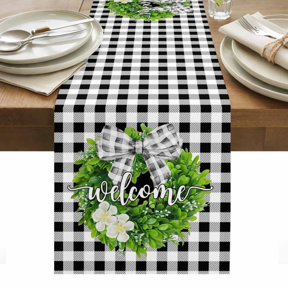 Welcome Bow Knot Wreath Table Runner - 120 Inch Long, Kitchen Dining Table Runner Dresser Scarves, Summer Flowers Black Gray Plaid Farmhouse Decor for Coffee Tables Wedding Party Banquet