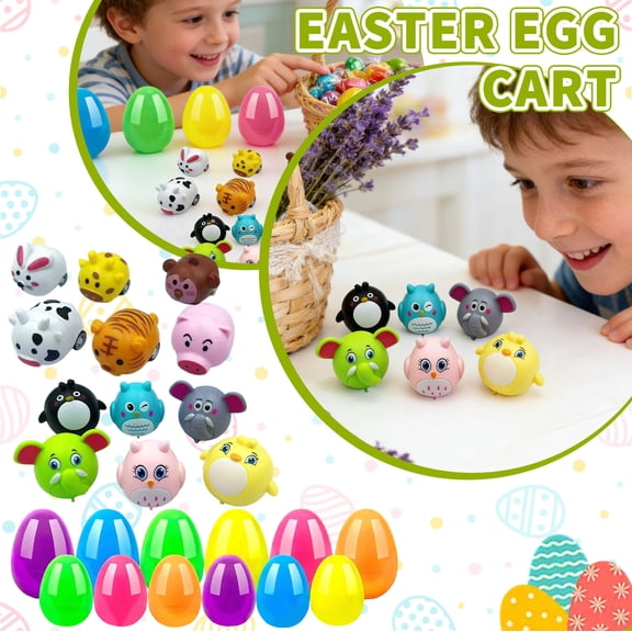 Decorr 12 Pack Prefilled Plastic Easter Eggs with Wind-Up Toy Cars - 6 Large & 6 Small Animal Vehicles for Easter Egg Hunt, Basket Stuffers, Party Favors, Kids Children Family Holiday Gifts