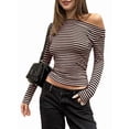 thumbnail image 3 of Women Long Sleeve Grunge Shirts Striped Off the Shoulder Tops Y2K T Shirt Brown M, 3 of 9