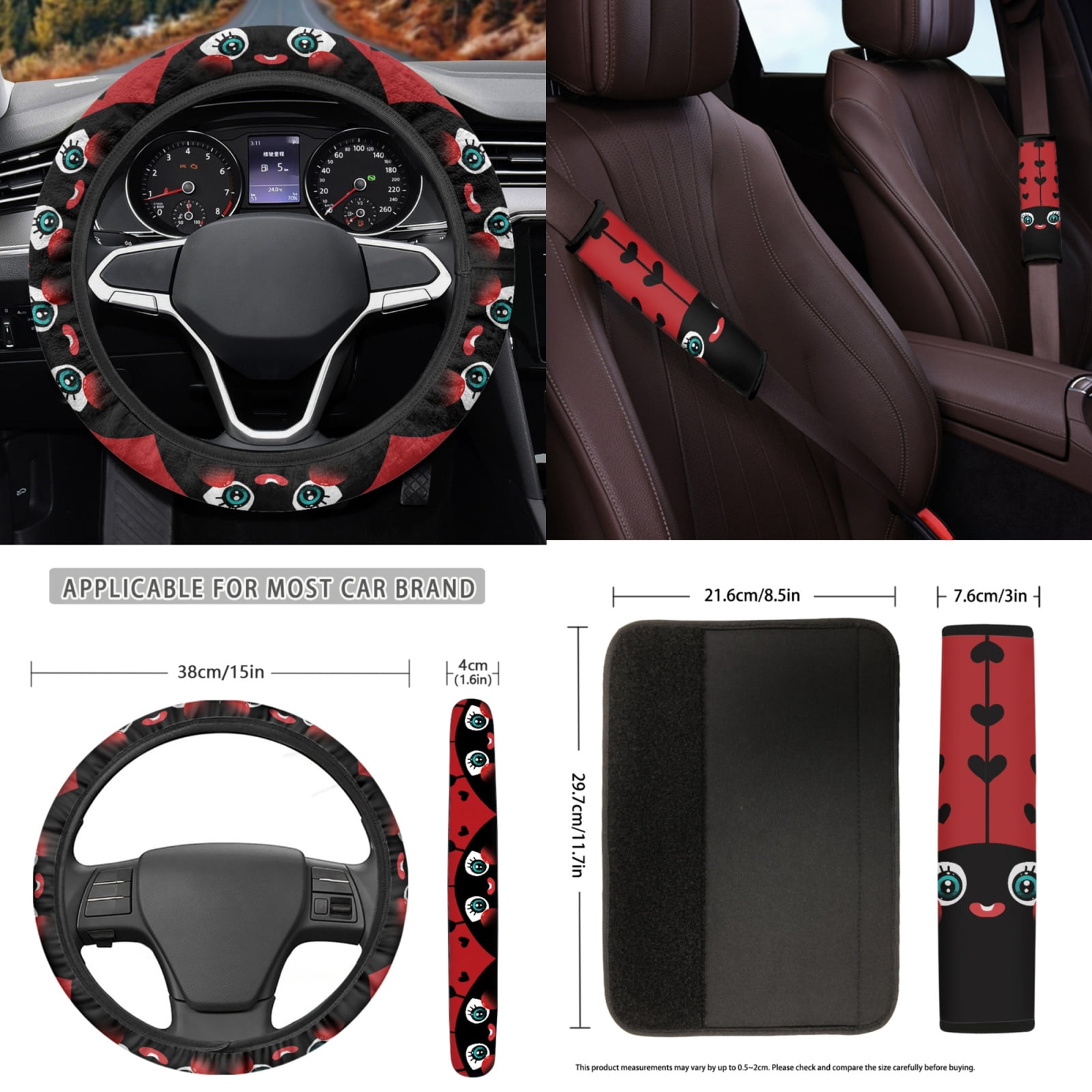 Yuyamidu Cute Ladybug Auto Seat Covers Full Set of 15 Red Car Carpet Mats Steering Wheel Cover Seat Belt Pads Cup Holder Handbrake Cover Gear Shift Cover