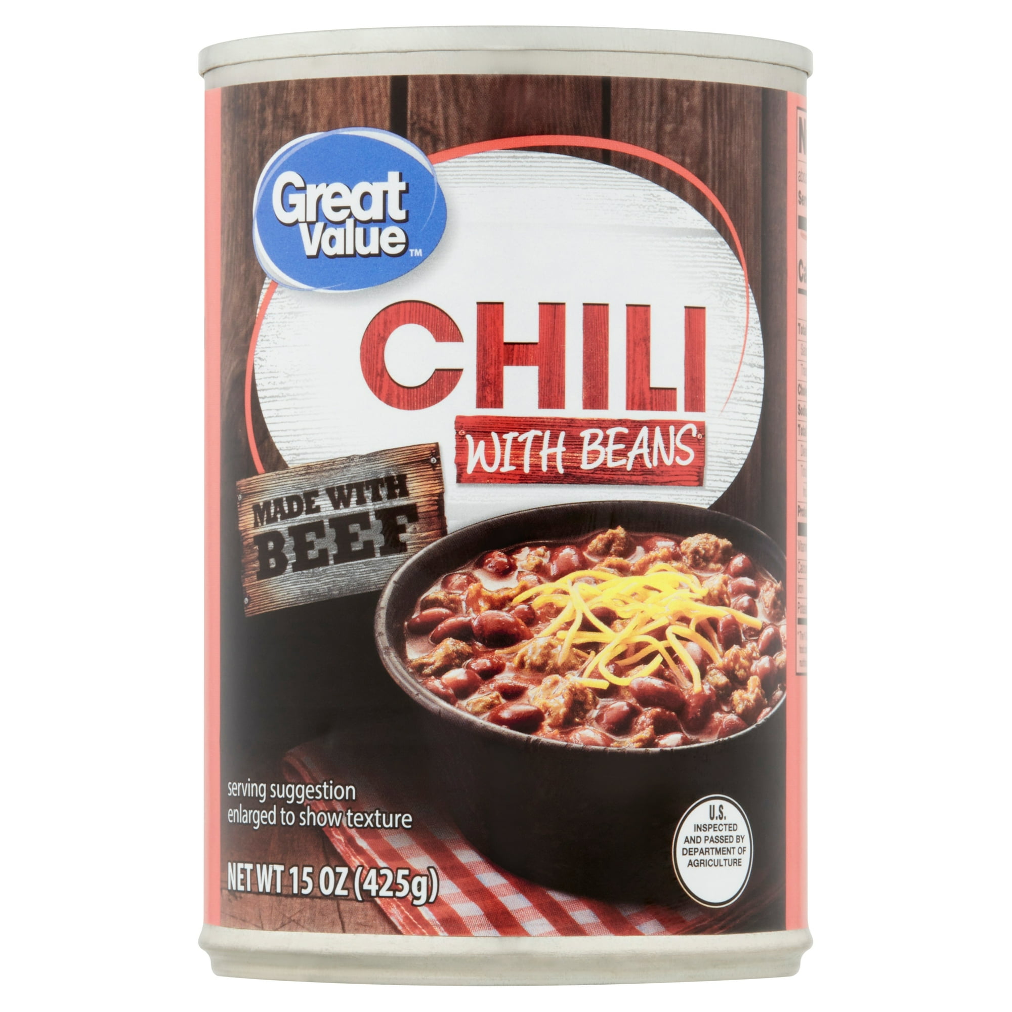 Great Value Brand Chili with Beans 15oz Can - Ready to Serve